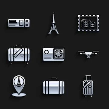 Set Action extreme camera, Suitcase for travel, and stickers, Drone flying .. Illustration