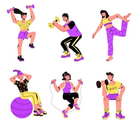 Set of active athletic people doing sports, cartoon vector illustration isola Stock Illustration