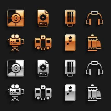 Set Actor trailer, Headphones, Camera roll cartridge, Backstage, Retro cine.. Stock Illustration