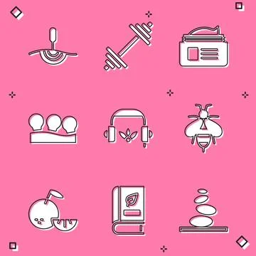 Set Acupuncture therapy, Dumbbell, Ointment cream tube, Vacuum cans, Headph.. Stock Illustration