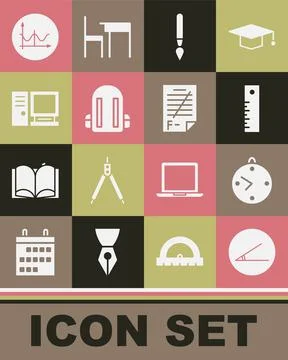 Set Acute angle, Clock, Ruler, Paint brush, School backpack, Computer monitor Stock Illustration