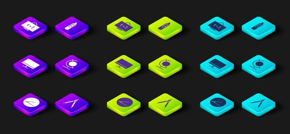 Set Acute angle, Drawing compass, Computer monitor screen, Earth globe Stock Illustration