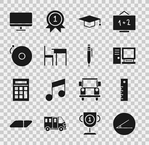Set Acute angle, Ruler, Computer monitor, Graduation cap, School table and chair Stock Illustration