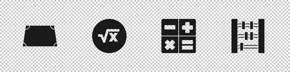 Set Acute trapezoid shape, Square root of x glyph, Calculator and Abacus icon Stock Illustration