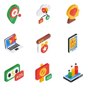 Set of Ad and Campaign Flat Isometric Icons Stock Illustration