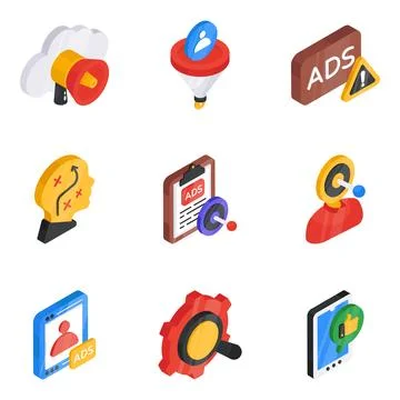 Set of Ad and Marketing Flat Isometric Icons Stock Illustration