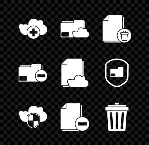Set Add cloud, Cloud storage text document folder, Delete file, and shield 스톡 일러스트