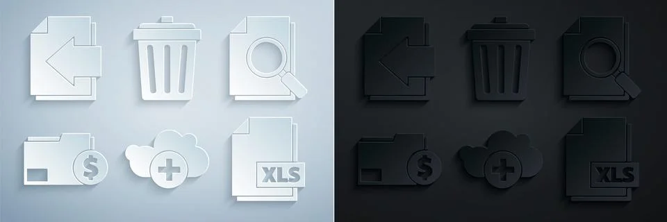 Set Add cloud, Document with search, Finance document folder, XLS file, Trash 스톡 일러스트