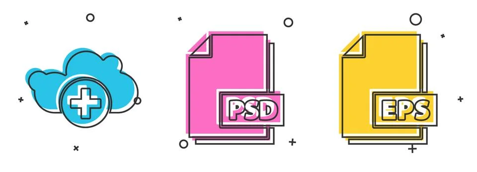Set Add cloud, PSD file document and EPS file document icon. Vector Stock Illustration