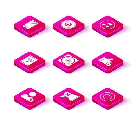 Set Add to friend, Megaphone, Tablet, Vinyl disk, Power button, Hand like, Music Stock Illustration