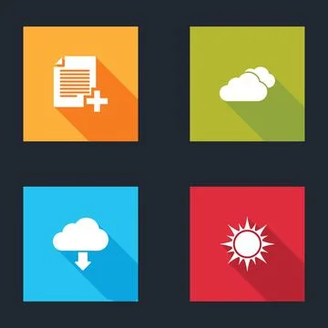 Set Add new file, Cloud, download and Sun icon. Vector Stock Illustration
