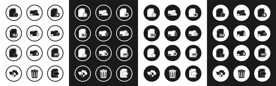 Set Add new file, Folder and lock, XLS document, Document with clock, Unkno.. Stock Illustration