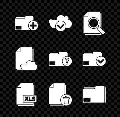 Set Add new folder, Cloud with check mark, Document search, XLS file document Stockillustratie