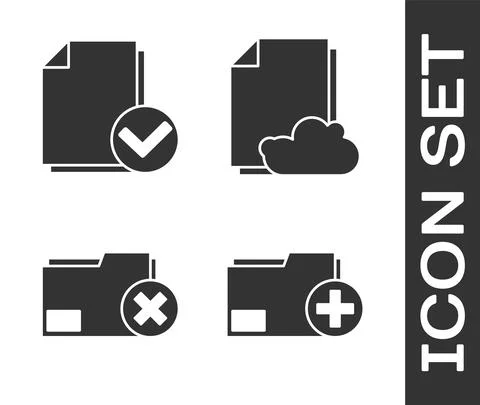 Set Add new folder, Document and check mark, Delete folder and Cloud storage Stock Illustration