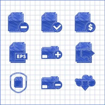 Set Add new folder, Document with minus, Cloud download, Next page arrow Stock Illustration