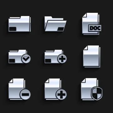 Set Add new folder, file, Document protection concept, with minus, and check Stock Illustration