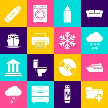Set Add new folder, Ship, Cloud with snow, Baby bottle, Printer and icon. V.. Stock Illustration