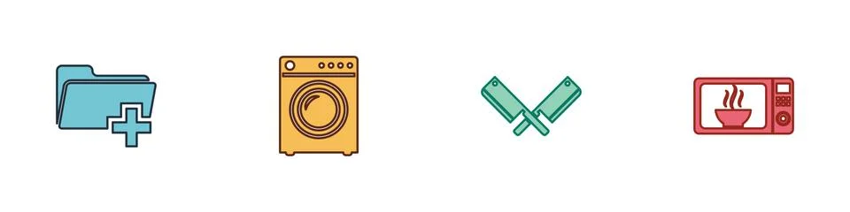 Set Add new folder, Washer, Crossed meat chopper and Microwave oven icon. Vector Stock Illustration