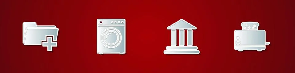 Set Add new folder, Washer, Bank building and Toaster with toasts icon. Vector Ilustración de archivo