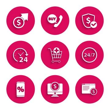 Set Add to Shopping cart Computer monitor with dollar Online shopping screen  Stock Illustration