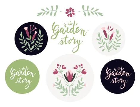 Set of additional design elements and badges with floral motifs Stock Illustration