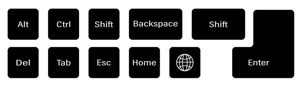 Set of additional keyboard keys on a white background. Alt, Ctrl, Enter, Back Stock Illustration