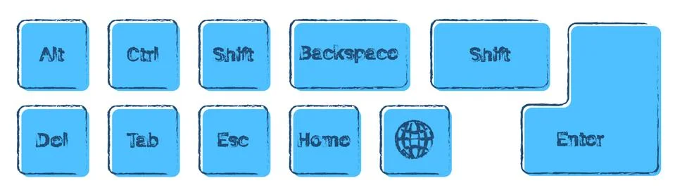 Set of additional keyboard keys on a white background. Alt, Ctrl, Enter, Back Stock Illustration