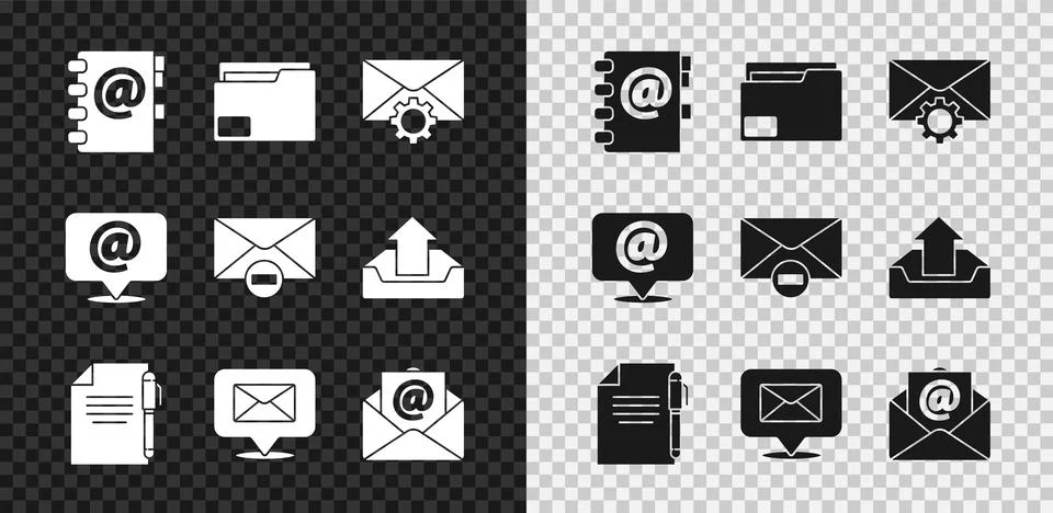 Set Address book, Document folder, Envelope setting, and pen, Speech bubble with Stock Illustration