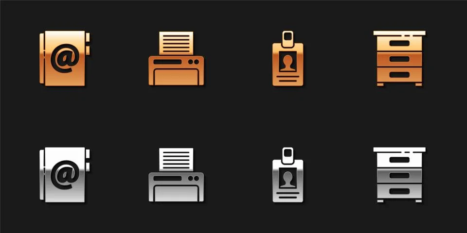 Set Address book, Printer, Identification badge and Drawer with documents icon Stock Illustration