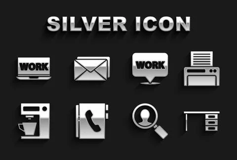 Set Address book, Printer, Office desk, Magnifying glass for search people Stock Illustration