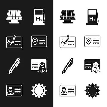 Set Address book, Signed document, Solar energy panel, Hydrogen filling station Stock Illustration