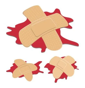 Set of Adhesive, flexible, fabric plaster with red  blood puddle. Medical ban Stock Illustration