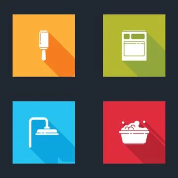 Set Adhesive roller, Kitchen dishwasher machine, Shower head and Plastic basin Stock Illustration