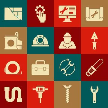 Set Adjustable wrench, Chainsaw, Trowel, Computer monitor service, Worker safety Illustrazione stock