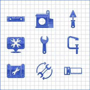 Set Adjustable wrench, Wrench and arrows as workflow, Hand saw, Clamp screw tool Illustrazione stock