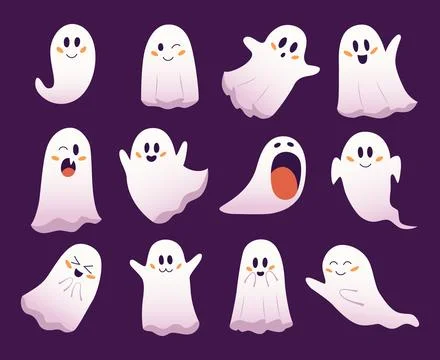 Set of adorable cartoon ghosts with various facial expressions on a dark purp Stock Illustration