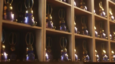 Set of adorable chocolate Easter bunnies on the wooden bookshelf. Sweet rabbits. Stock Footage 158246988