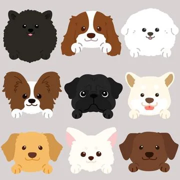 Set of adorable dogs' faces flat colored with front paws Stock Illustration