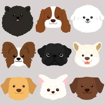 Set of adorable dogs' faces flat colored Stock Illustration