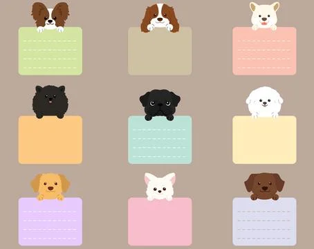Set of adorable dogs' faces flat colored with front paws holding a note Stock Illustration