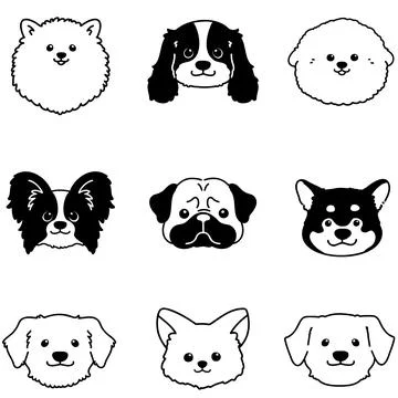 Set of adorable dogs faces with only outlines Stock Illustration
