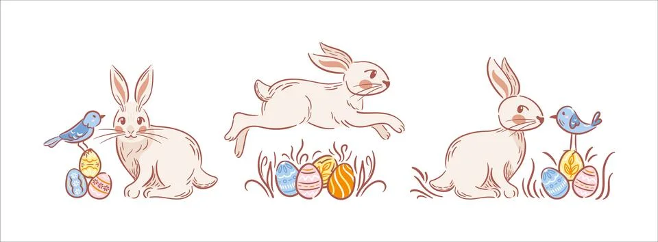 A set of adorable Easter scenes featuring adorable bunnies, colorful decora.. Stock Illustration