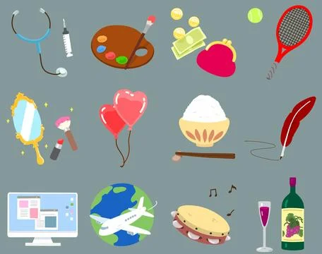 Set of adorable hand drawn profession tools and seasonal objects flat colored Stock Illustration
