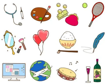 Set of adorable hand drawn profession tools and seasonal objects outlined Stock Illustration