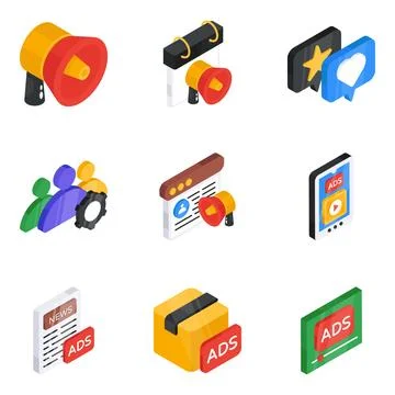Set of Ads Flat Isometric Icons Stock Illustration