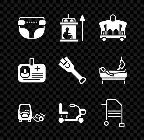 Set Adult diaper, Elevator for disabled, Man without legs sitting wheelchair Stock Illustration