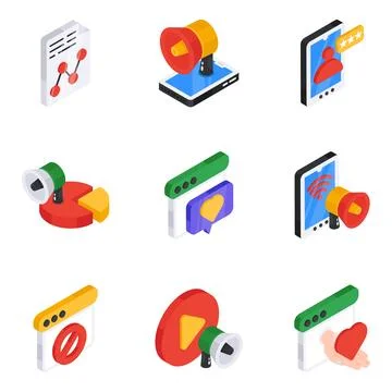 Set of Advertisement and Data Flat Isometric Icons Stock Illustration