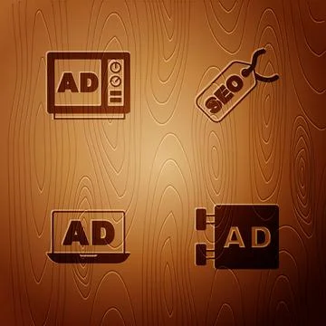 Set Advertising, , and SEO optimization on wooden background. Vector Illustrazione stock