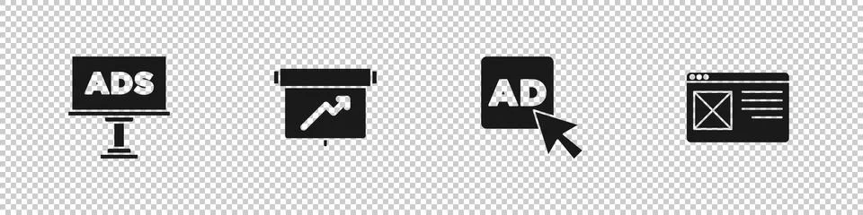 Set Advertising, Board with graph chart, and Browser window icon. Vector Stockillustratie