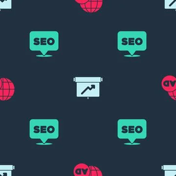 Set Advertising, Board with graph chart and SEO optimization on seamless pattern Illustrazione stock